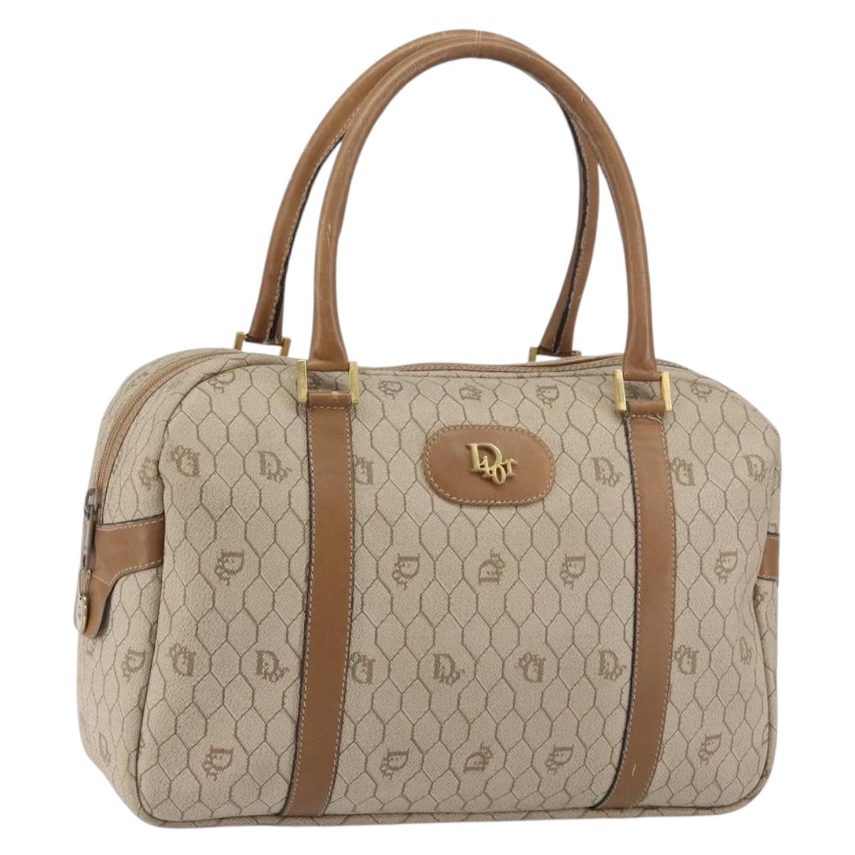 Christian Dior Honeycomb Canvas Hand Bag PVC Beige Gold Auth bs31377