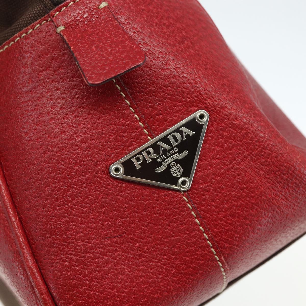 PRADA Hand Bag Canvas Leather Red Brown Auth bs31378
