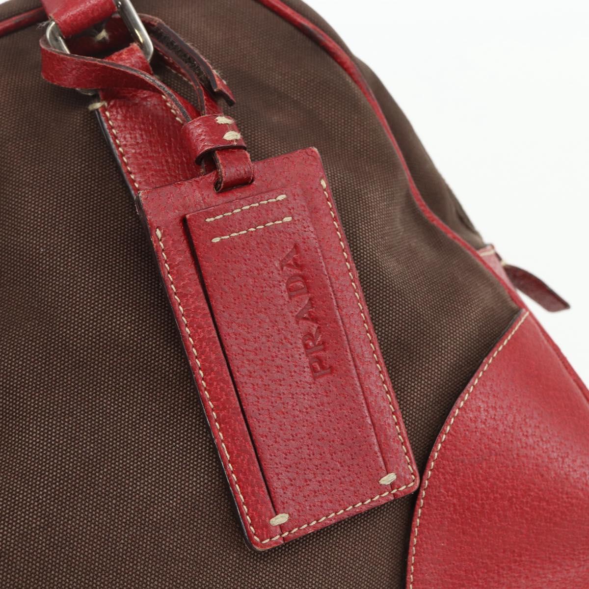 PRADA Hand Bag Canvas Leather Red Brown Auth bs31378