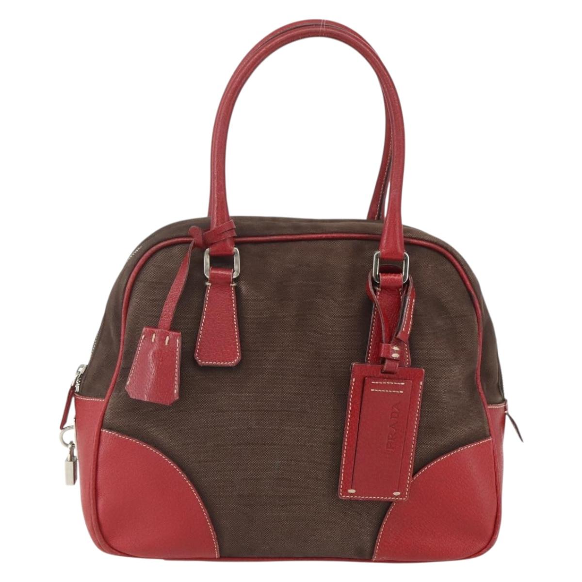 PRADA Hand Bag Canvas Leather Red Brown Auth bs31378