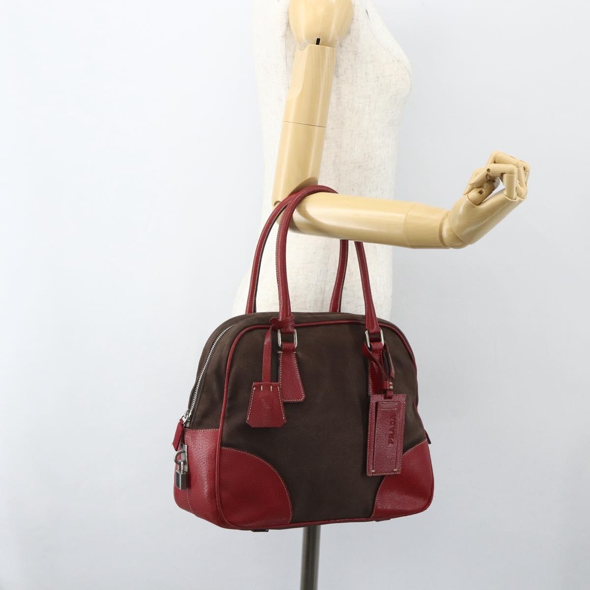 PRADA Hand Bag Canvas Leather Red Brown Auth bs31378