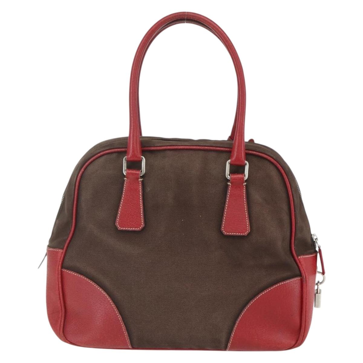 PRADA Hand Bag Canvas Leather Red Brown Auth bs31378