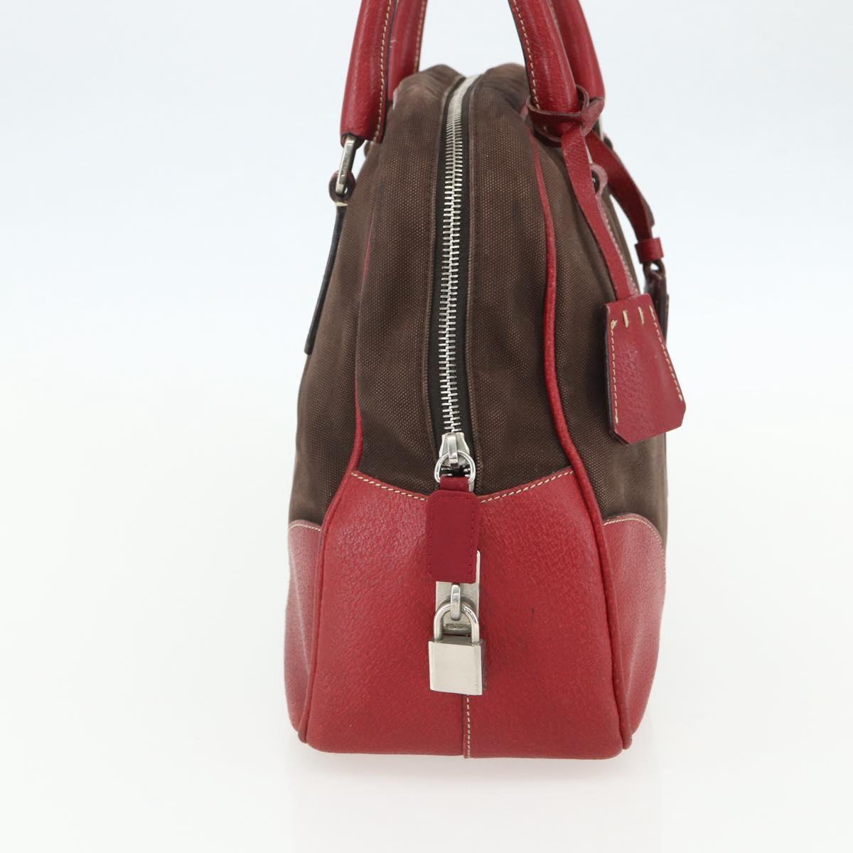 PRADA Hand Bag Canvas Leather Red Brown Auth bs31378
