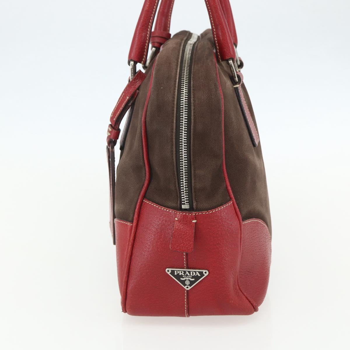 PRADA Hand Bag Canvas Leather Red Brown Auth bs31378