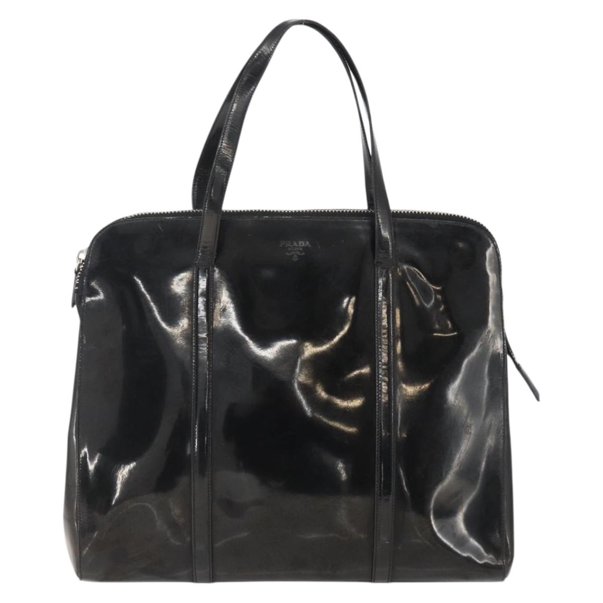 PRADA Hand Bag Enamel Black Silver Auth bs31379