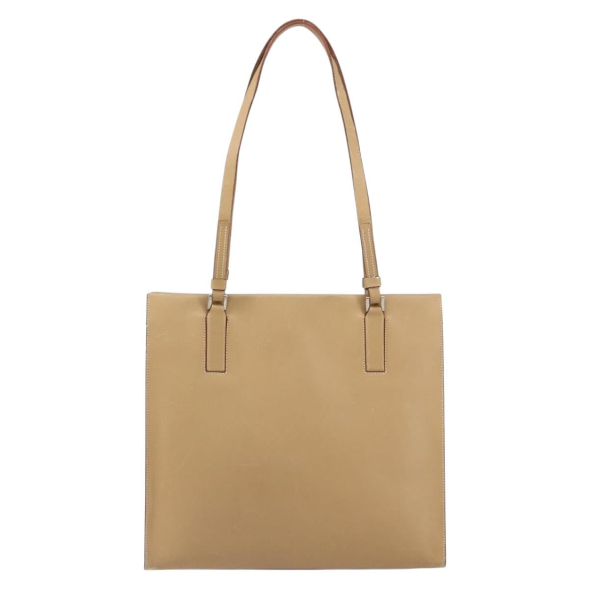 PRADA Tote Bag Leather Beige Silver Auth bs31380