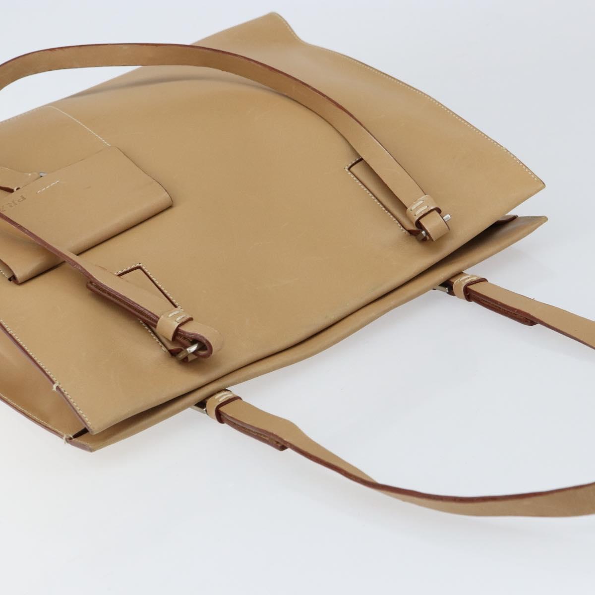 PRADA Tote Bag Leather Beige Silver Auth bs31380