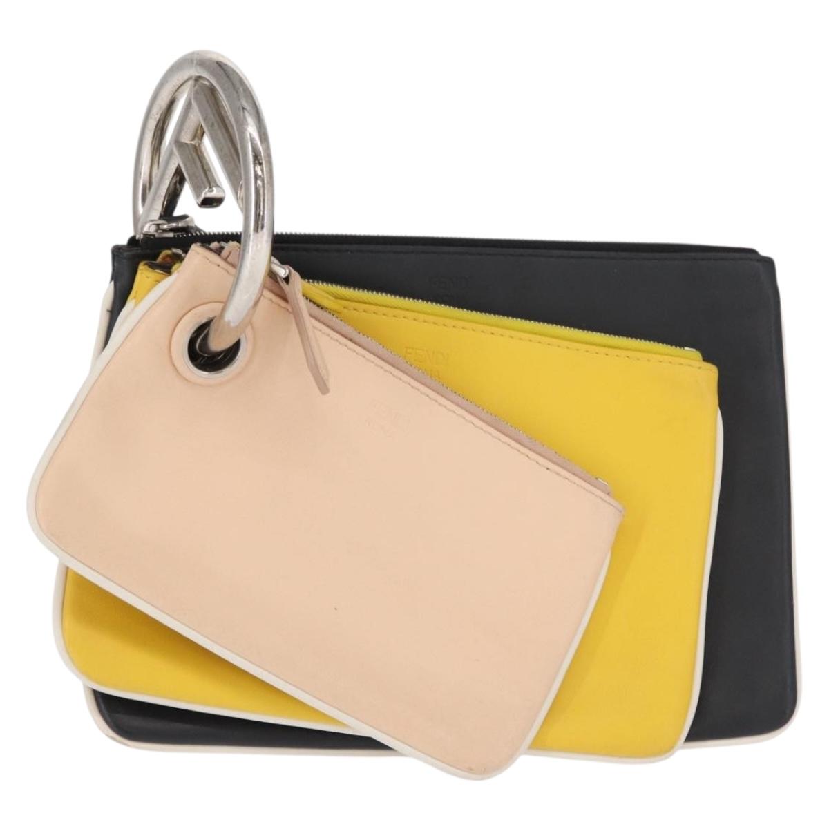 FENDI Triplet Clutch Bag Leather Multicolor Silver Auth bs31387