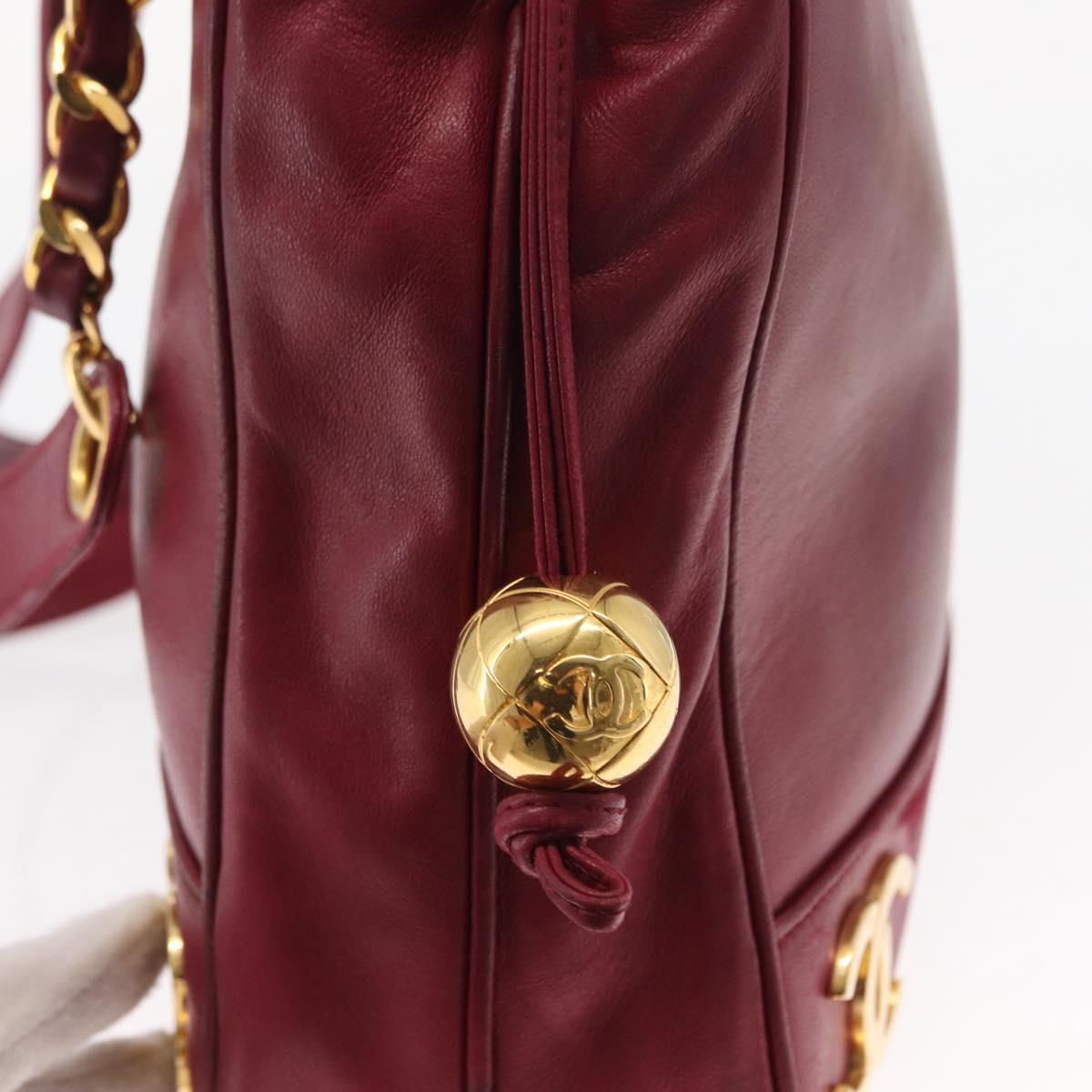 CHANEL Triple Coco Chain Shoulder Bag Lamb Skin Red Gold CC Auth bs31395