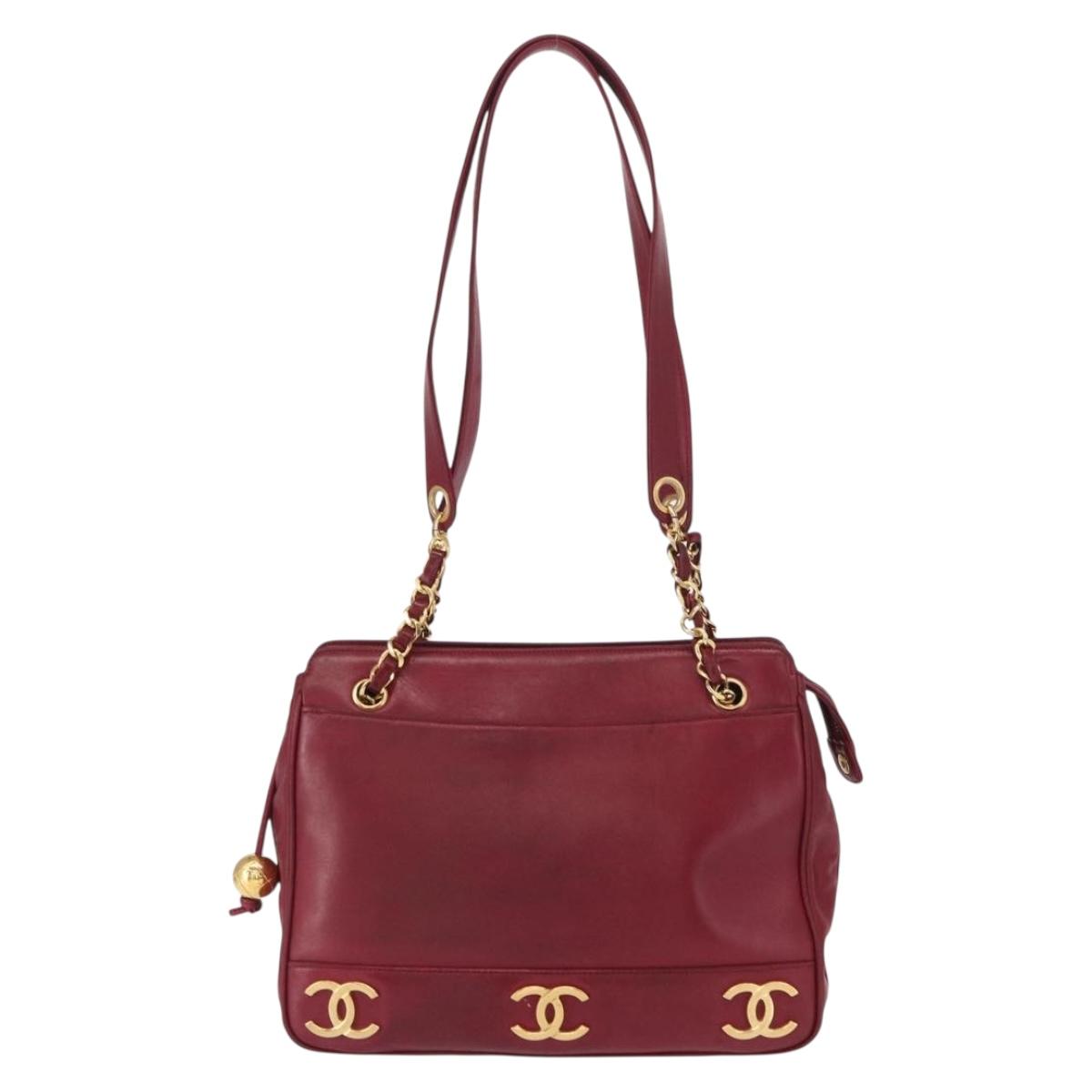 CHANEL Triple Coco Chain Shoulder Bag Lamb Skin Red Gold CC Auth bs31395