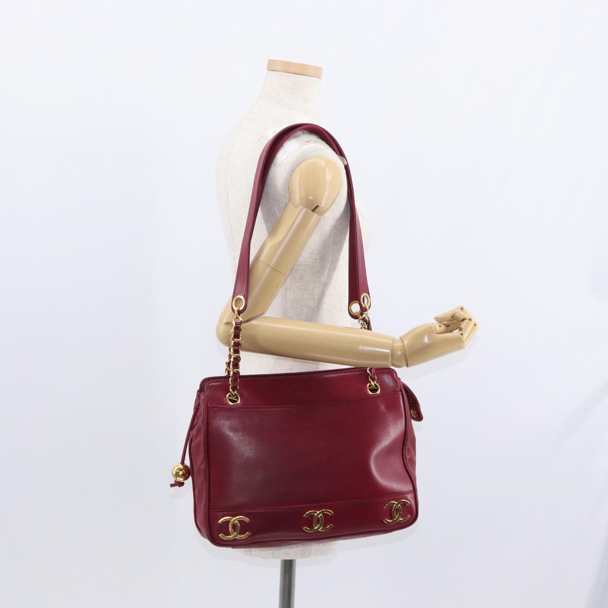 CHANEL Triple Coco Chain Shoulder Bag Lamb Skin Red Gold CC Auth bs31395