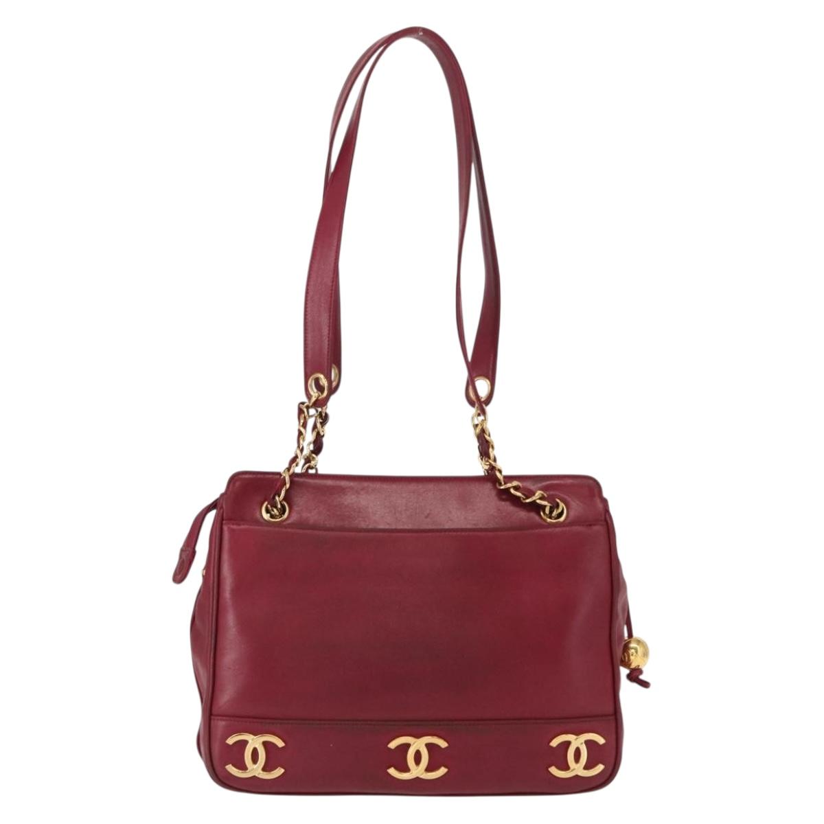 CHANEL Triple Coco Chain Shoulder Bag Lamb Skin Red Gold CC Auth bs31395