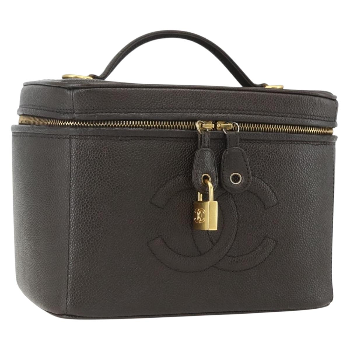 CHANEL COCO Mark Vanity Pouch Caviar Skin Brown Gold CC Auth bs31399
