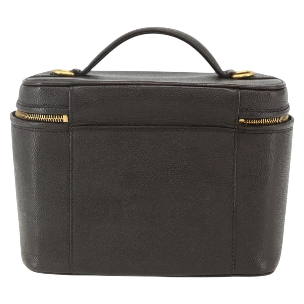 CHANEL COCO Mark Vanity Pouch Caviar Skin Brown Gold CC Auth bs31399