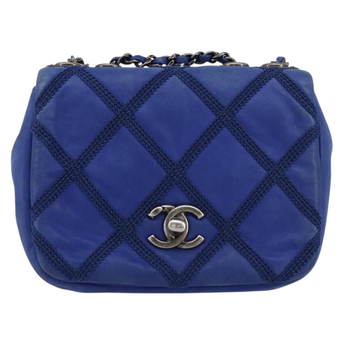 CHANEL Chain Matelasse Shoulder Bag Lamb Skin Blue Silver CC Auth bs31400