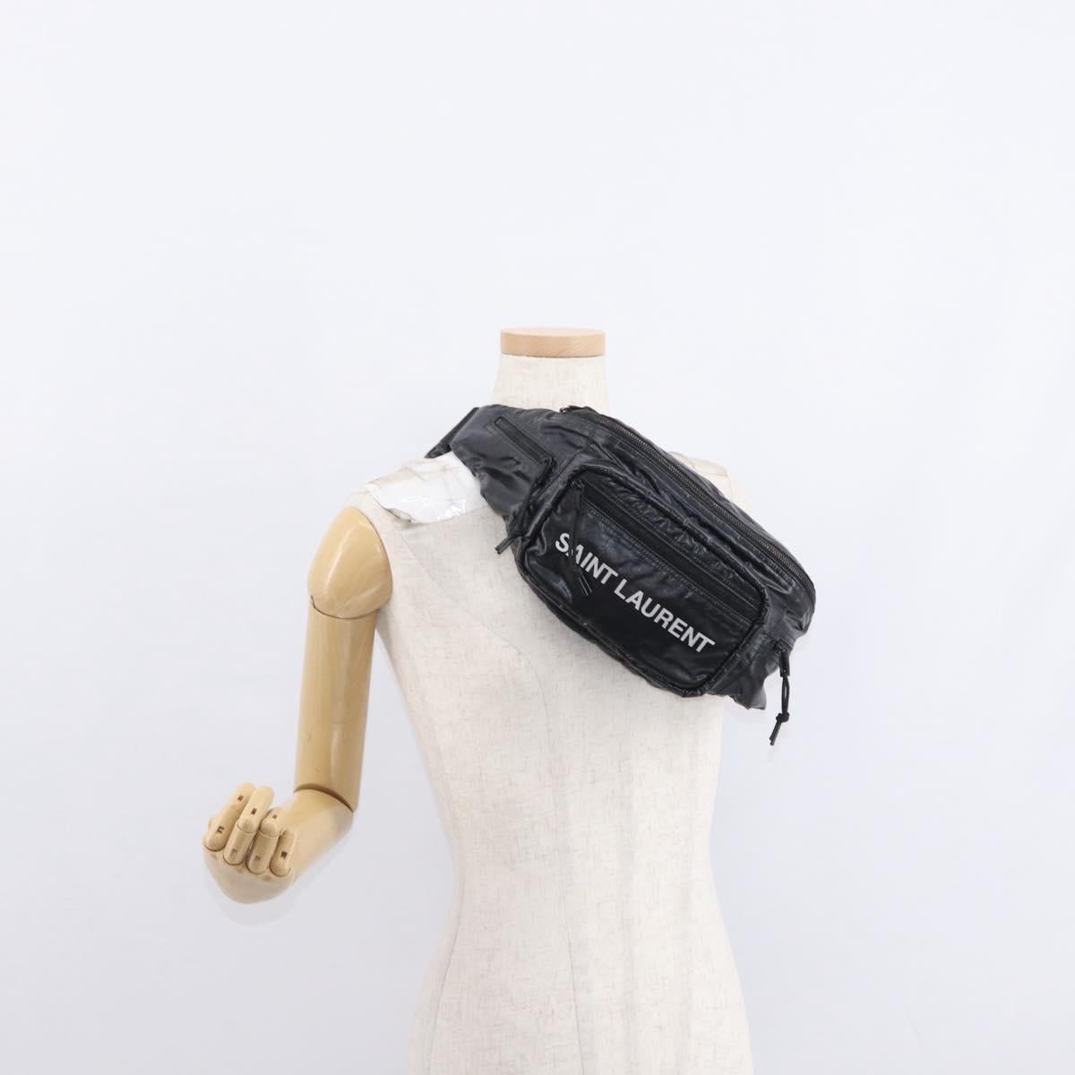 SAINT LAURENT Waist Bag Nylon Black White Auth bs31408