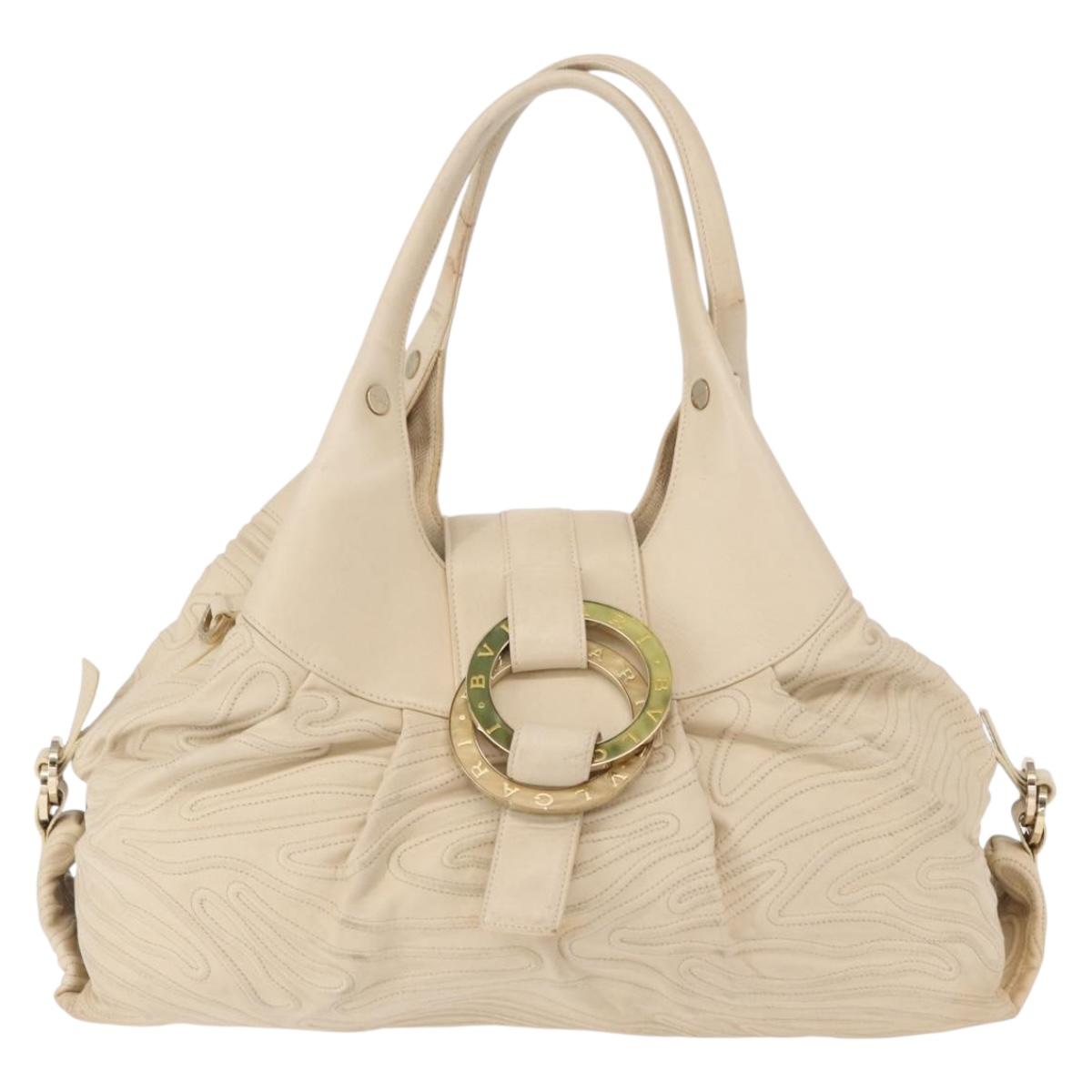 BVLGARI Chandra Hand Bag Leather Canvas Beige Brown Auth bs31410