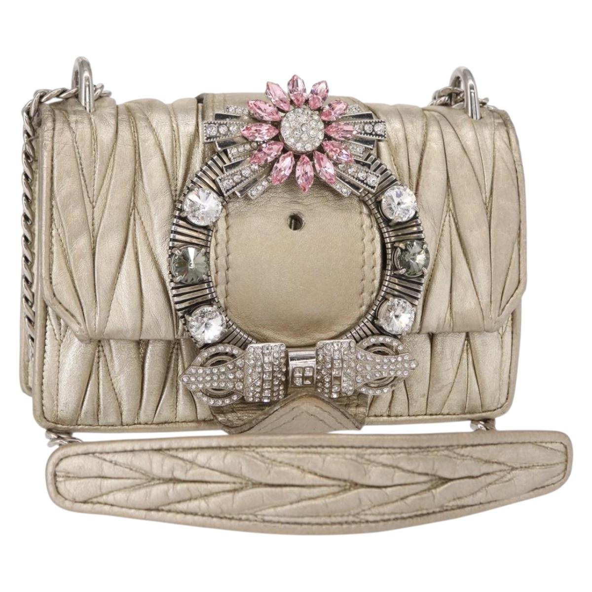 Miu Miu Matelasse Chain Shoulder Bag Leather Champagne Gold Silver Auth bs31411