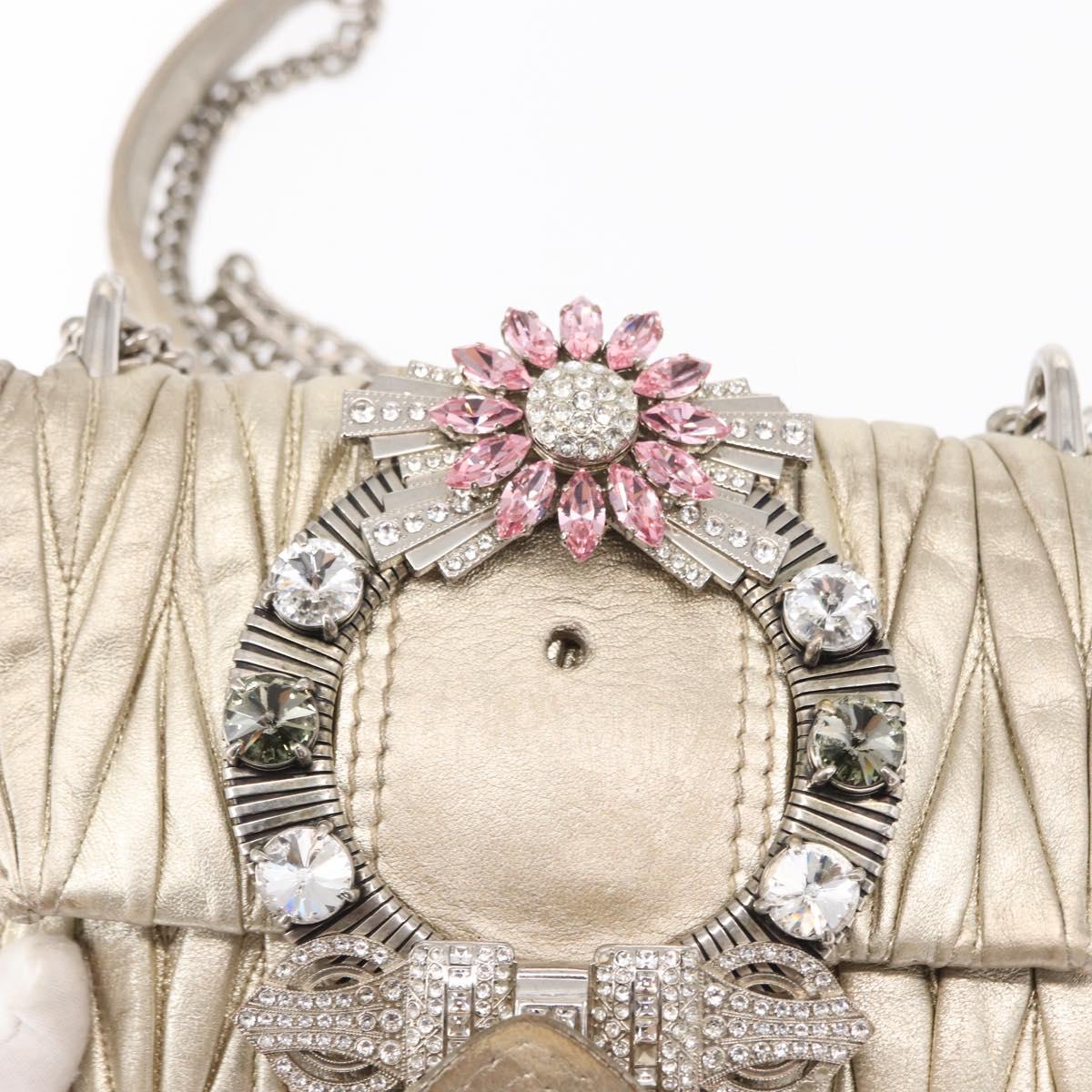 Miu Miu Matelasse Chain Shoulder Bag Leather Champagne Gold Silver Auth bs31411