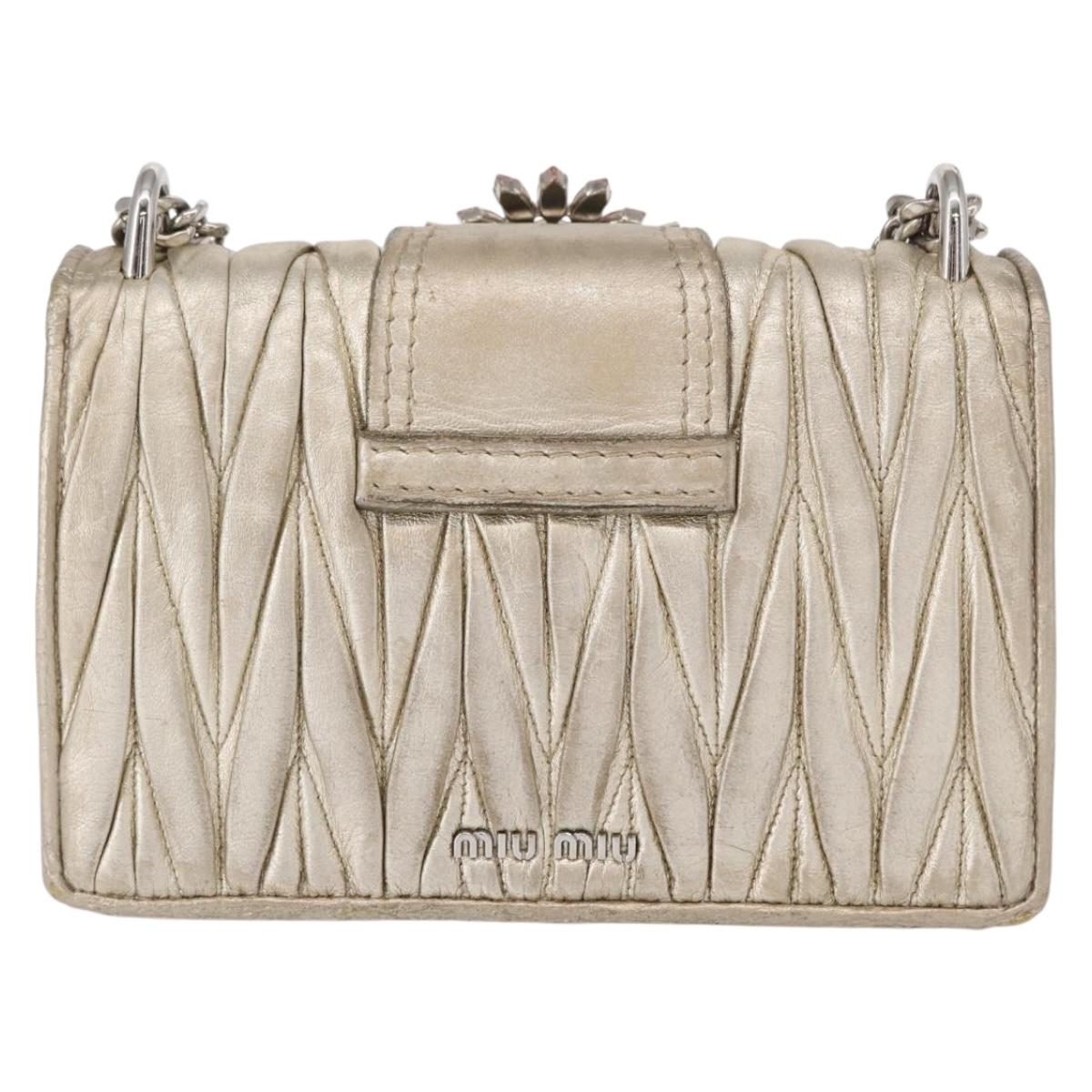 Miu Miu Matelasse Chain Shoulder Bag Leather Champagne Gold Silver Auth bs31411