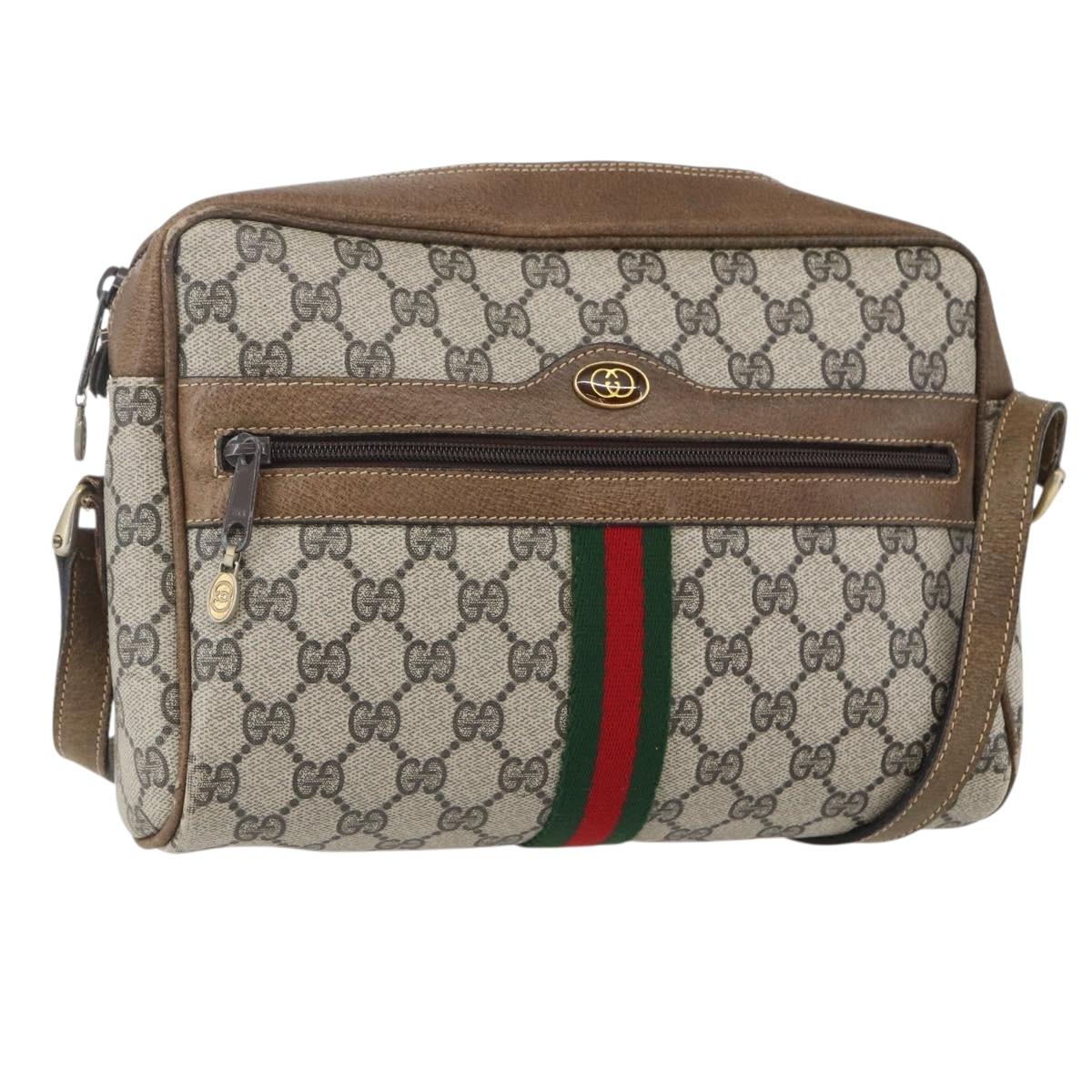 GUCCI GG Supreme Web Sherry Line Shoulder Bag PVC Beige Gold Auth bs31423