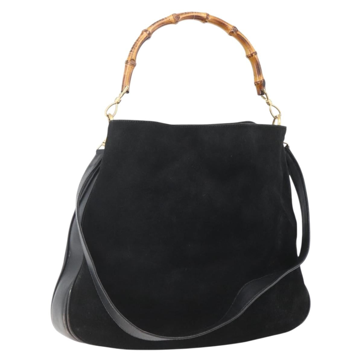 GUCCI Bamboo Hand Bag Leather 2way Black Gold 001 1014 1577 Auth bs31434
