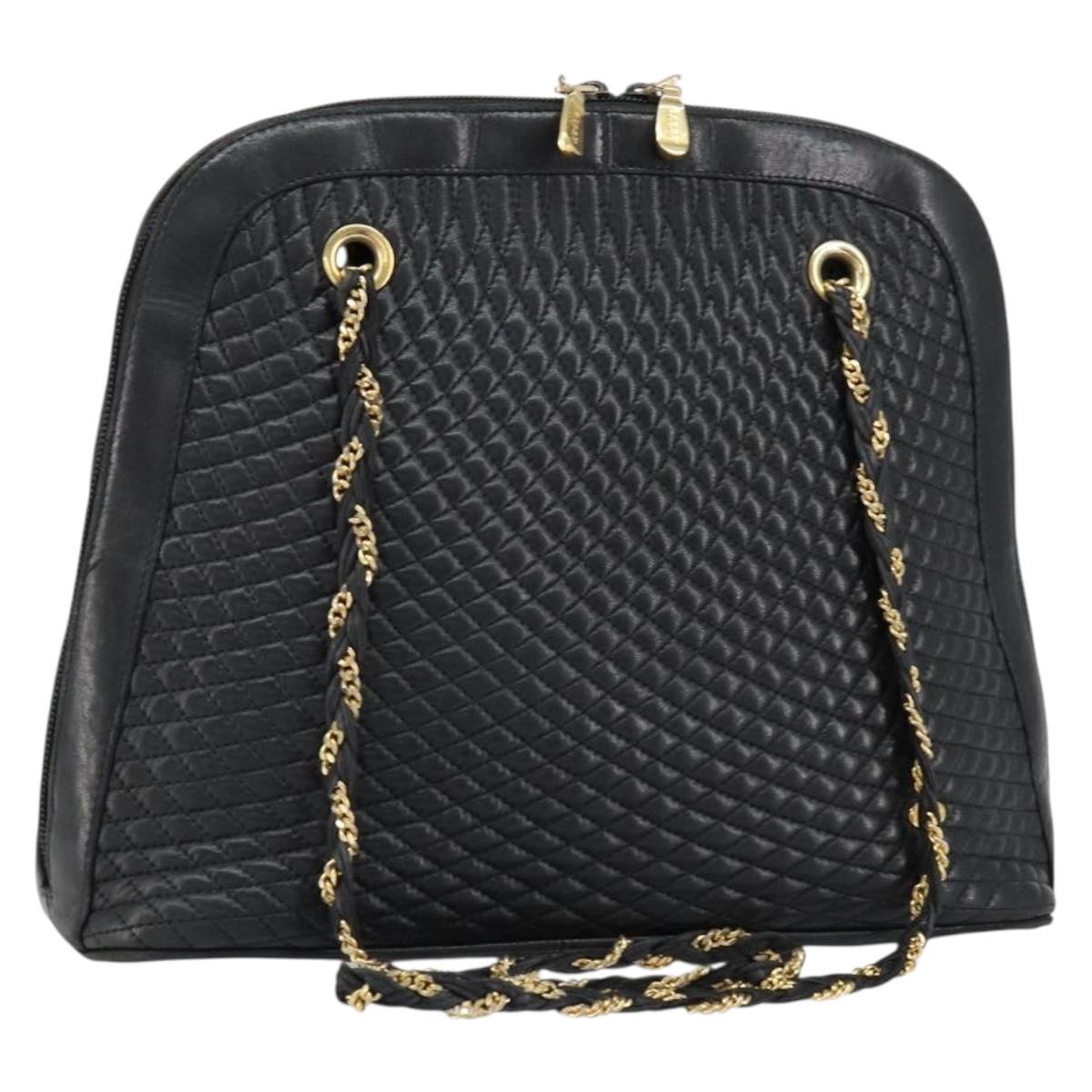 BALLY Quilted Chain Shoulder Bag Leather Black Gold Auth bs31440