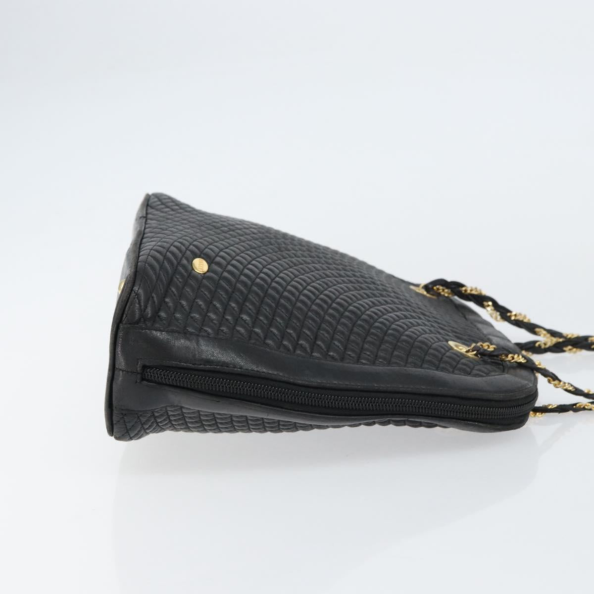 BALLY Quilted Chain Shoulder Bag Leather Black Gold Auth bs31440