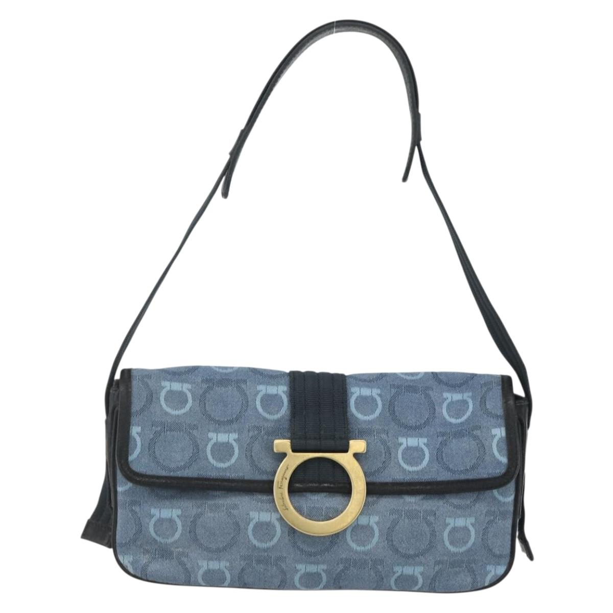 Salvatore Ferragamo Gancini Shoulder Bag Canvas Blue Gold Auth bs31443