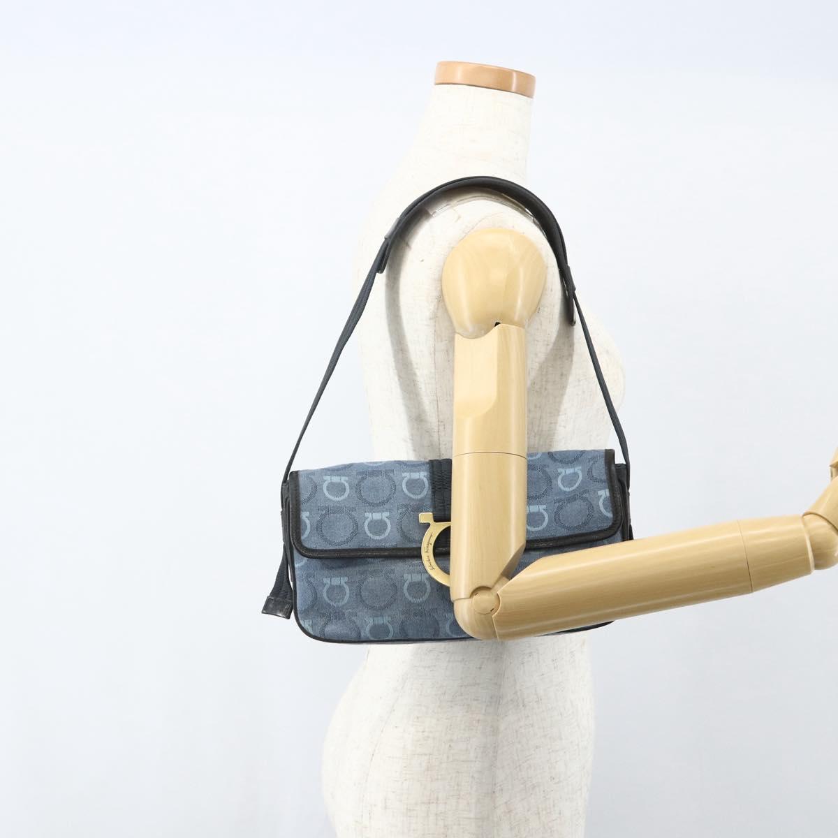 Salvatore Ferragamo Gancini Shoulder Bag Canvas Blue Gold Auth bs31443