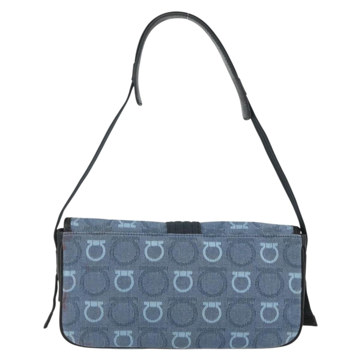 Salvatore Ferragamo Gancini Shoulder Bag Canvas Blue Gold Auth bs31443