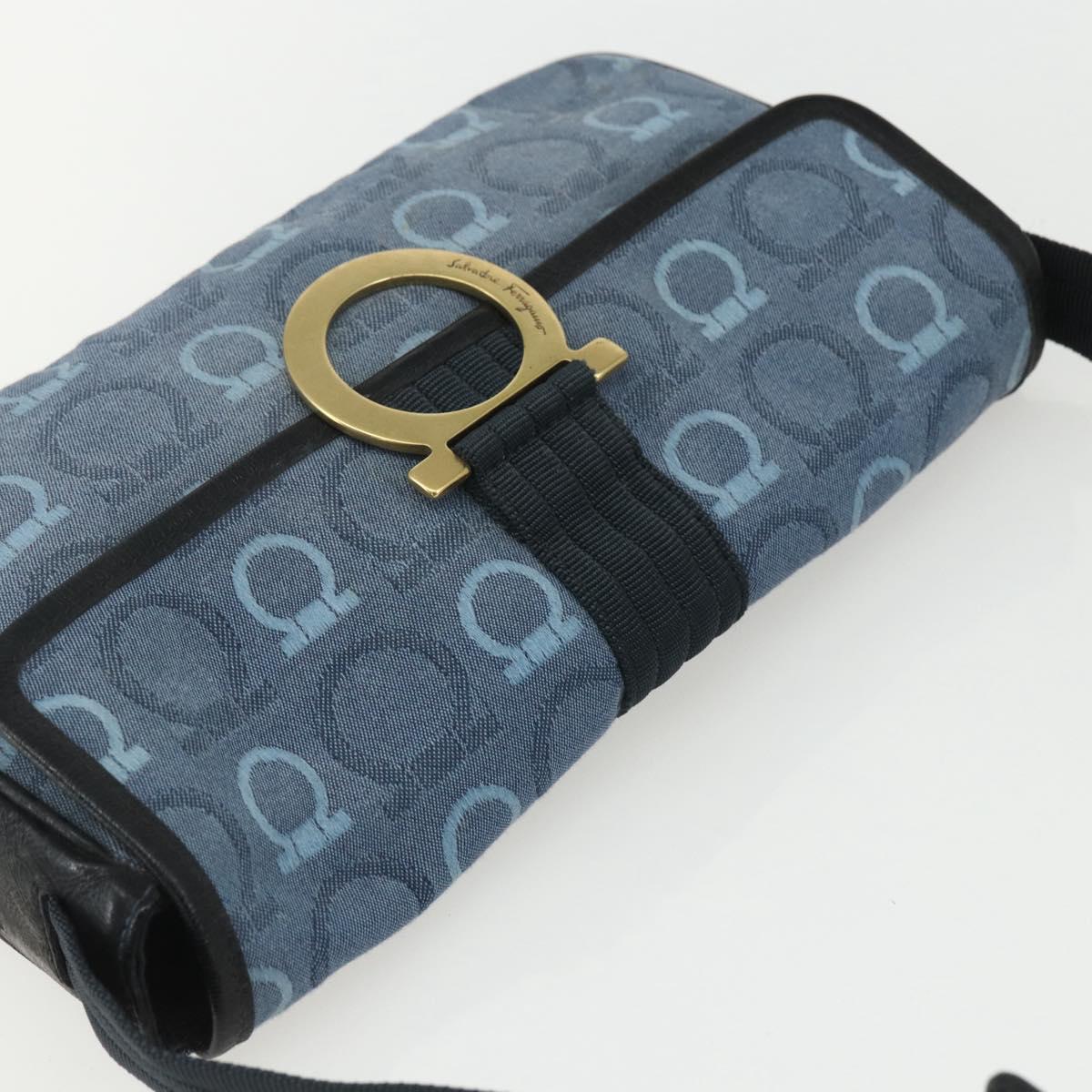 Salvatore Ferragamo Gancini Shoulder Bag Canvas Blue Gold Auth bs31443
