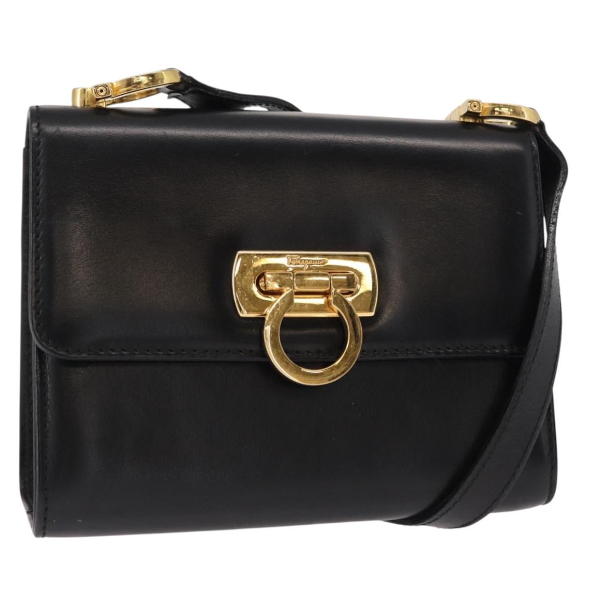 Salvatore Ferragamo Gancini Shoulder Bag Leather Black Gold Auth bs31444