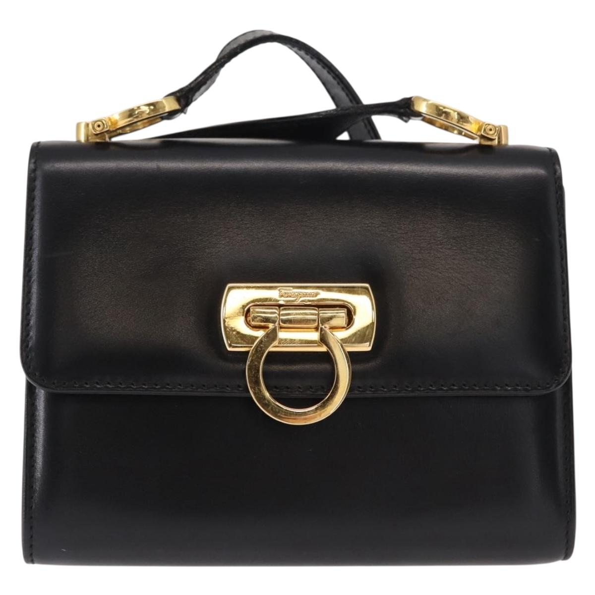 Salvatore Ferragamo Gancini Shoulder Bag Leather Black Gold Auth bs31444