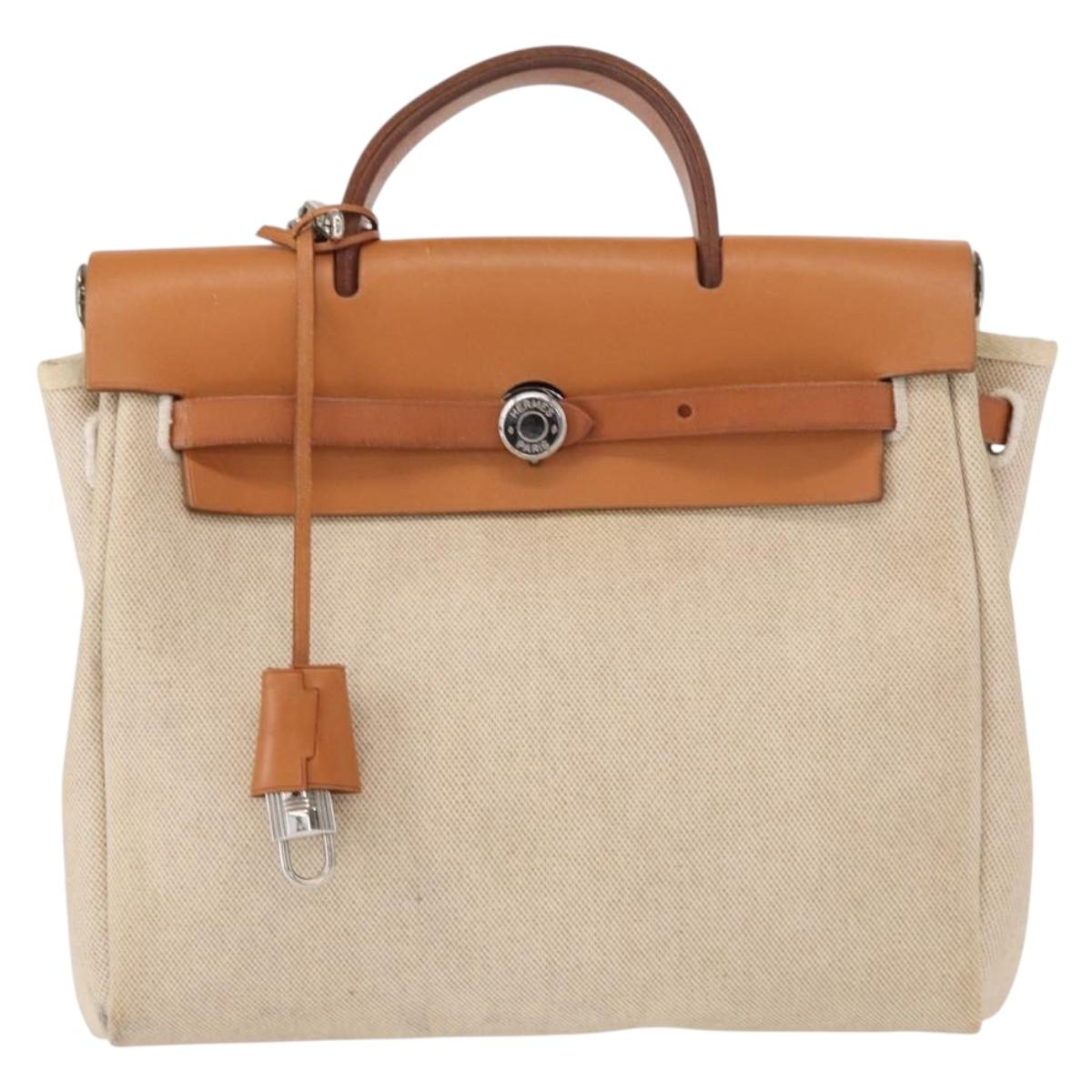 HERMES Herbag Backpack Canvas Leather Beige Silver Auth bs31446
