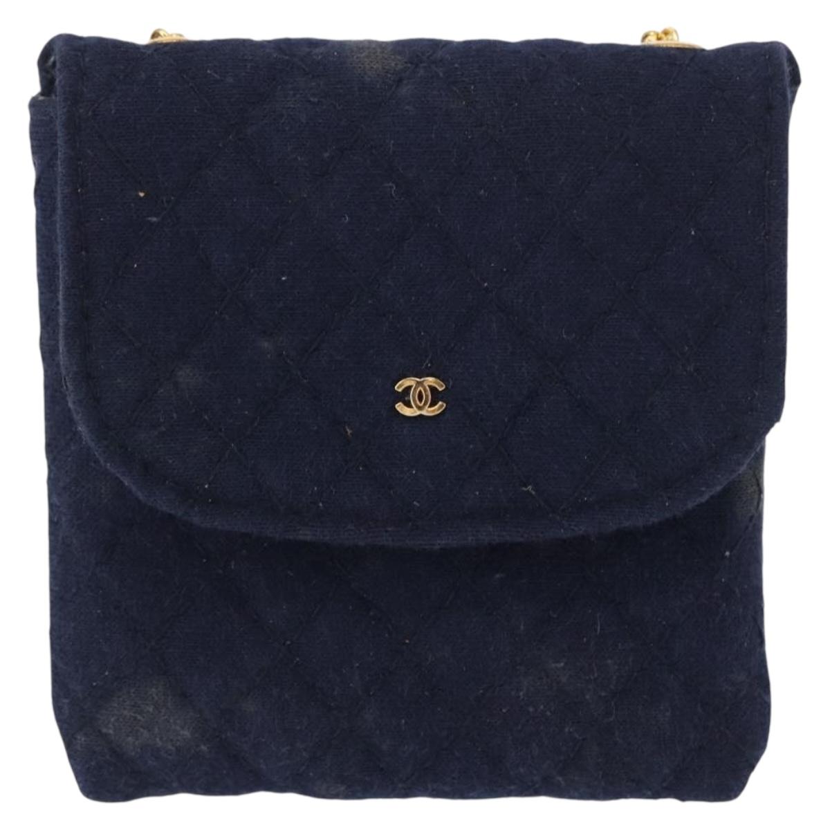CHANEL Mini Matelasse Chain Pouch Cotton Navy Gold CC Auth bs31449