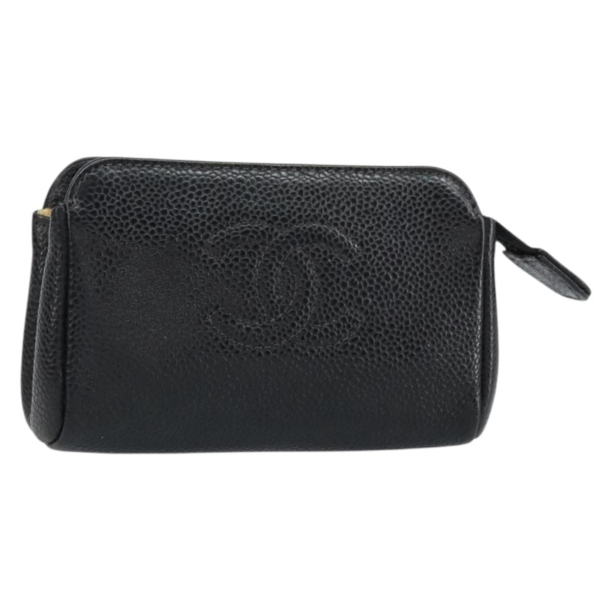CHANEL Pouch Caviar Skin Black Gold CC Auth bs31451