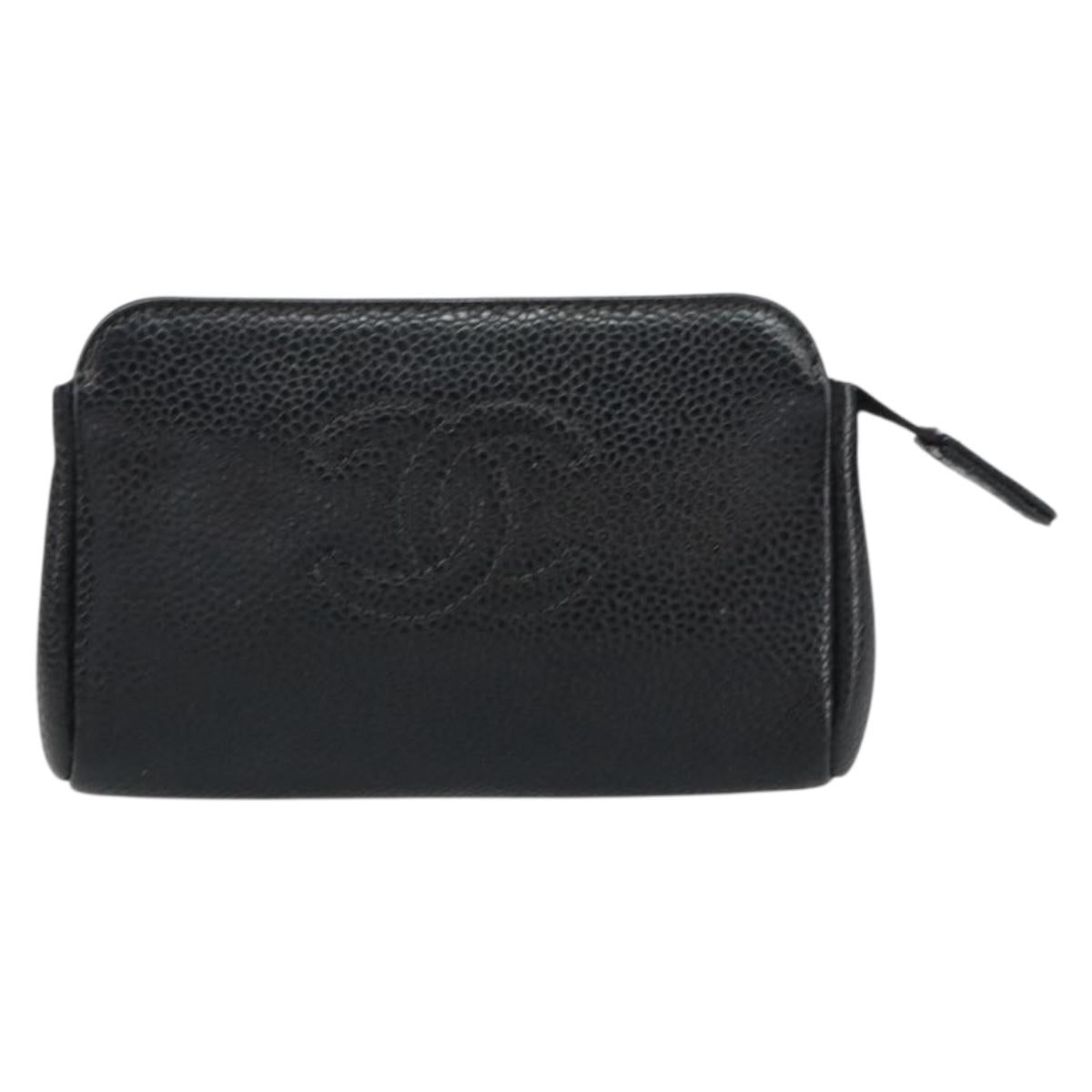CHANEL Pouch Caviar Skin Black Gold CC Auth bs31451