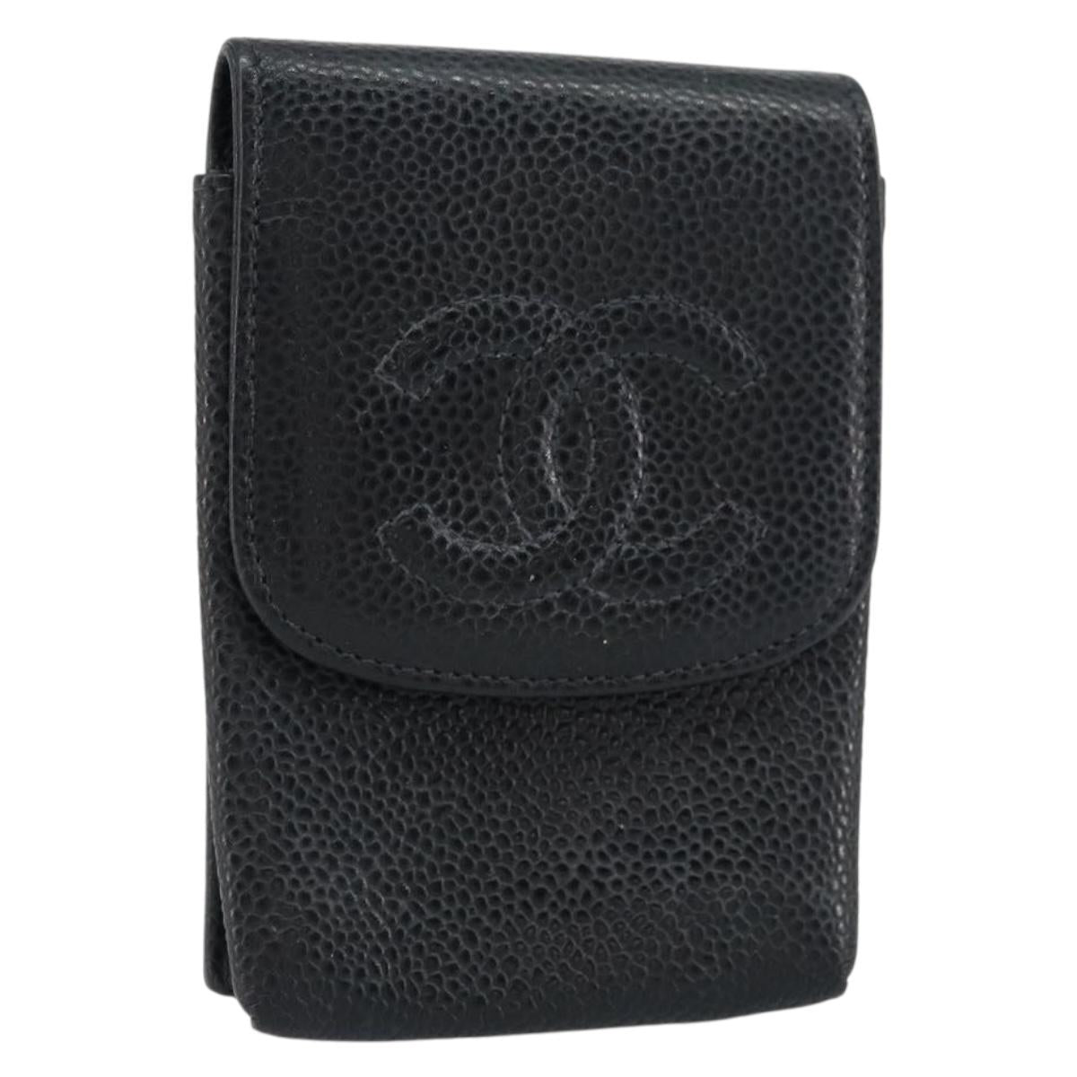 CHANEL Cigarette Case Caviar Skin Black CC Auth bs31453