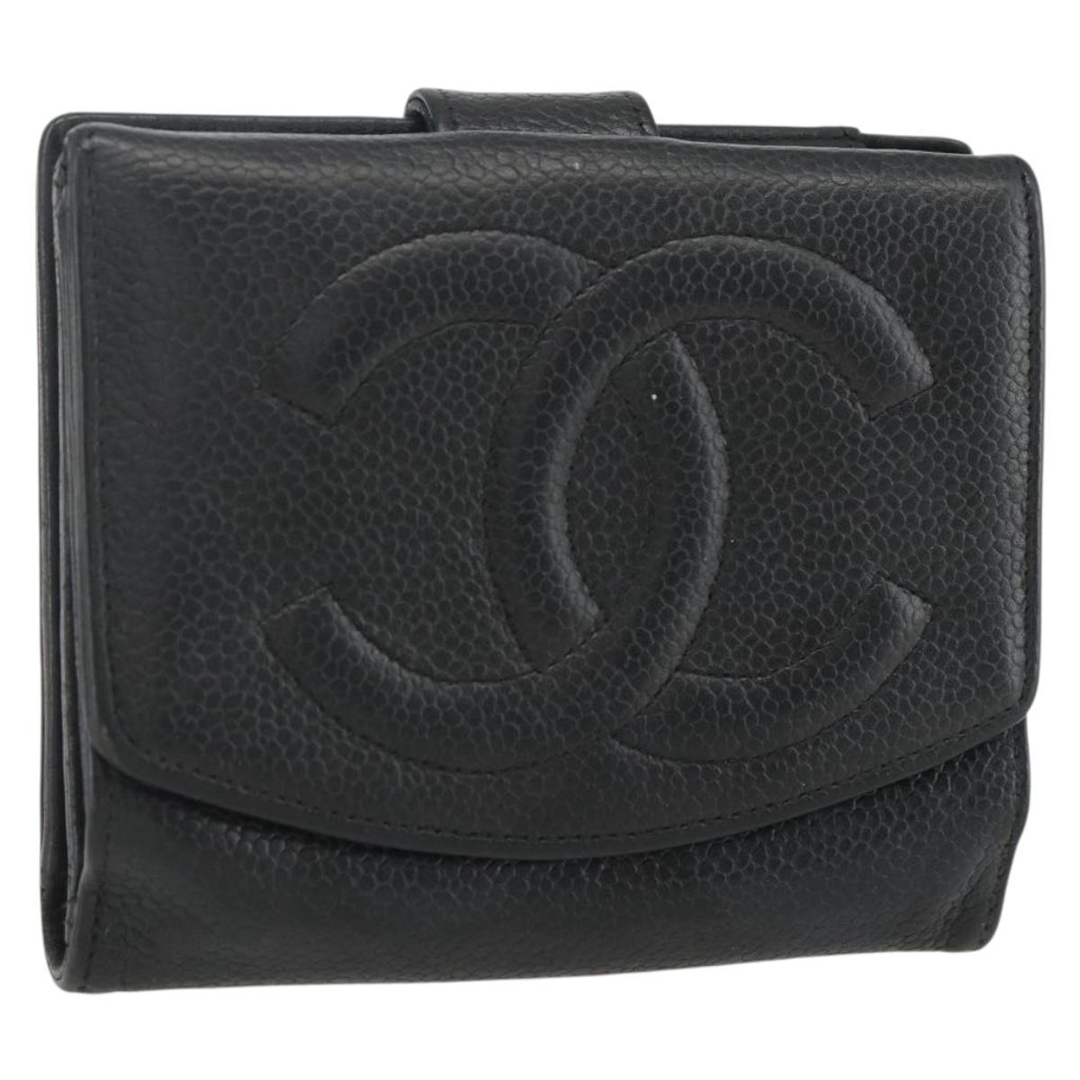 CHANEL Bifold Wallet Caviar Skin Black Gold CC Auth bs31459