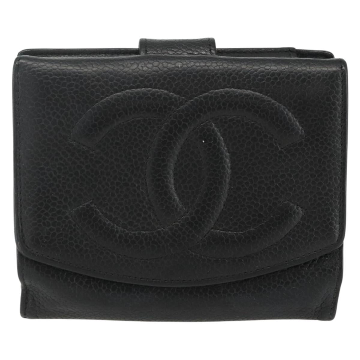CHANEL Bifold Wallet Caviar Skin Black Gold CC Auth bs31459