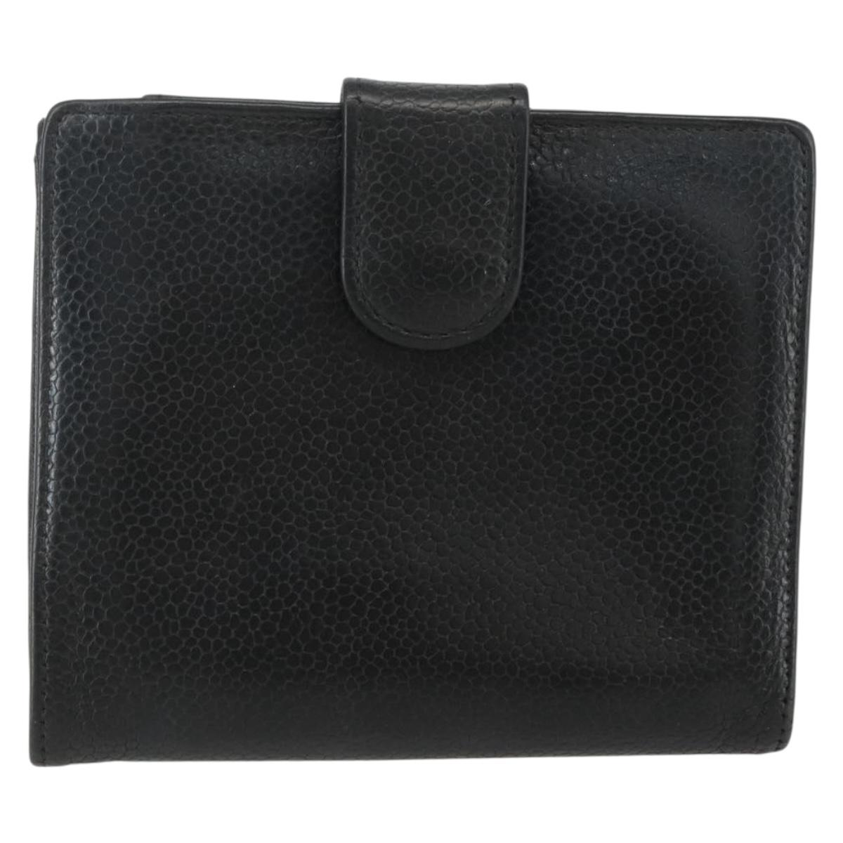 CHANEL Bifold Wallet Caviar Skin Black Gold CC Auth bs31459