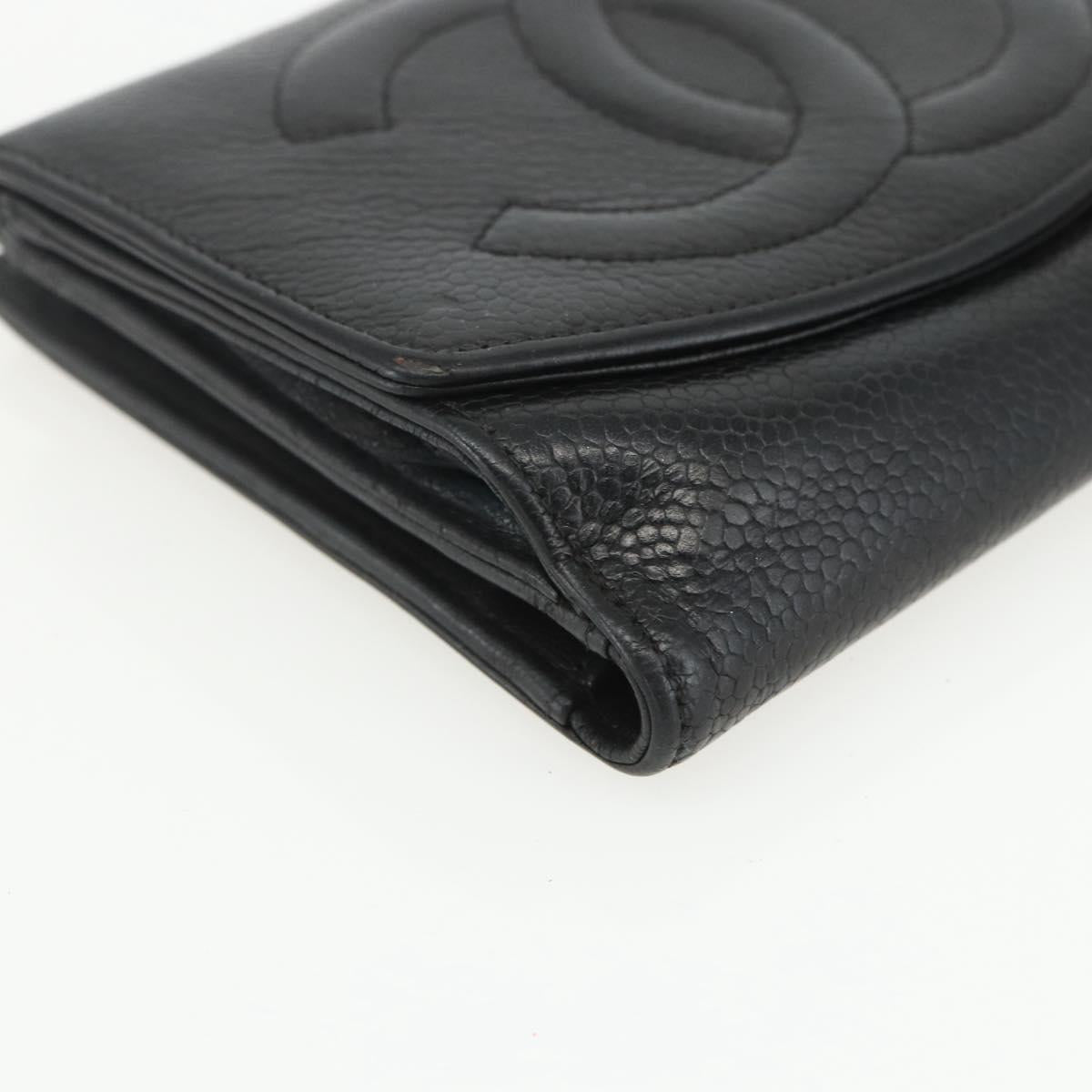 CHANEL Bifold Wallet Caviar Skin Black Gold CC Auth bs31459