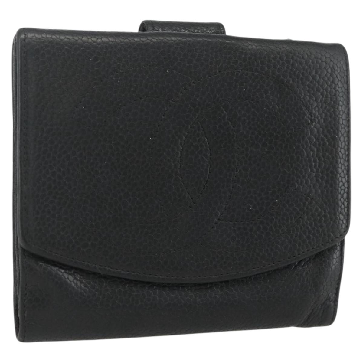 CHANEL Bifold Wallet Caviar Skin Black Gold CC Auth bs31460