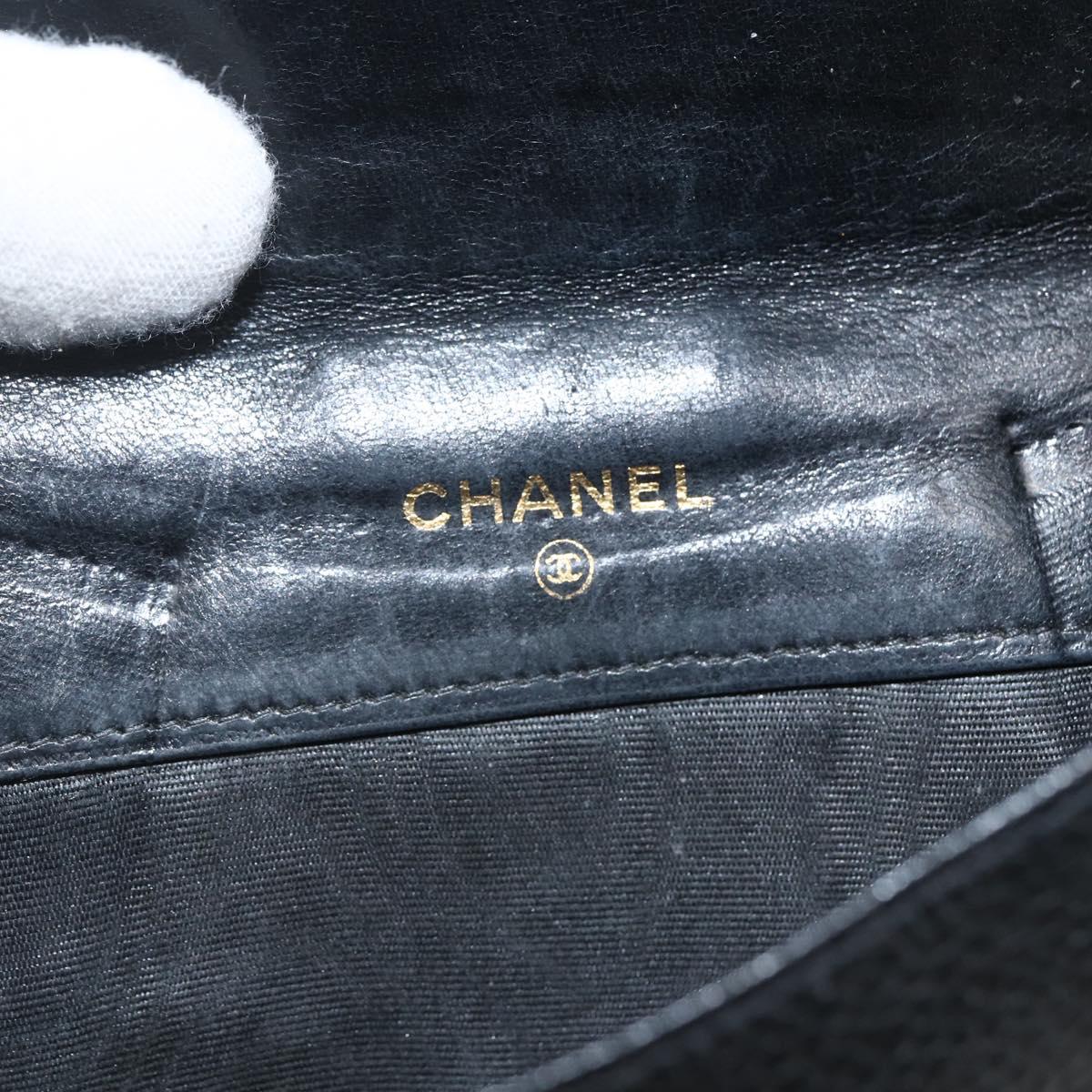 CHANEL Bifold Wallet Caviar Skin Black Gold CC Auth bs31460