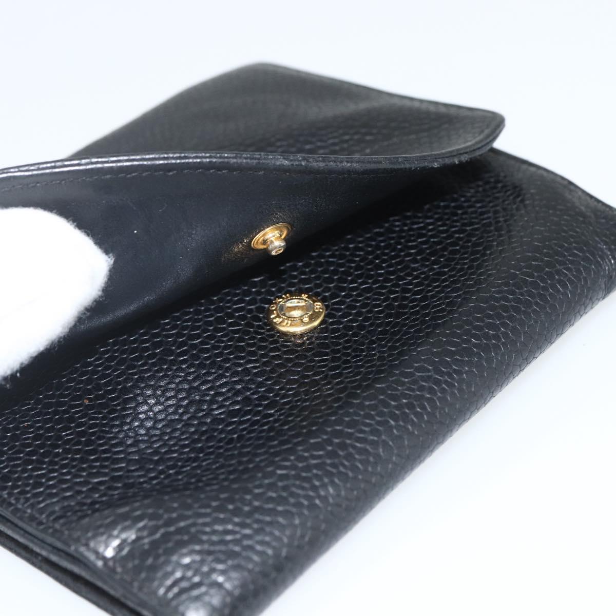 CHANEL Bifold Wallet Caviar Skin Black Gold CC Auth bs31460