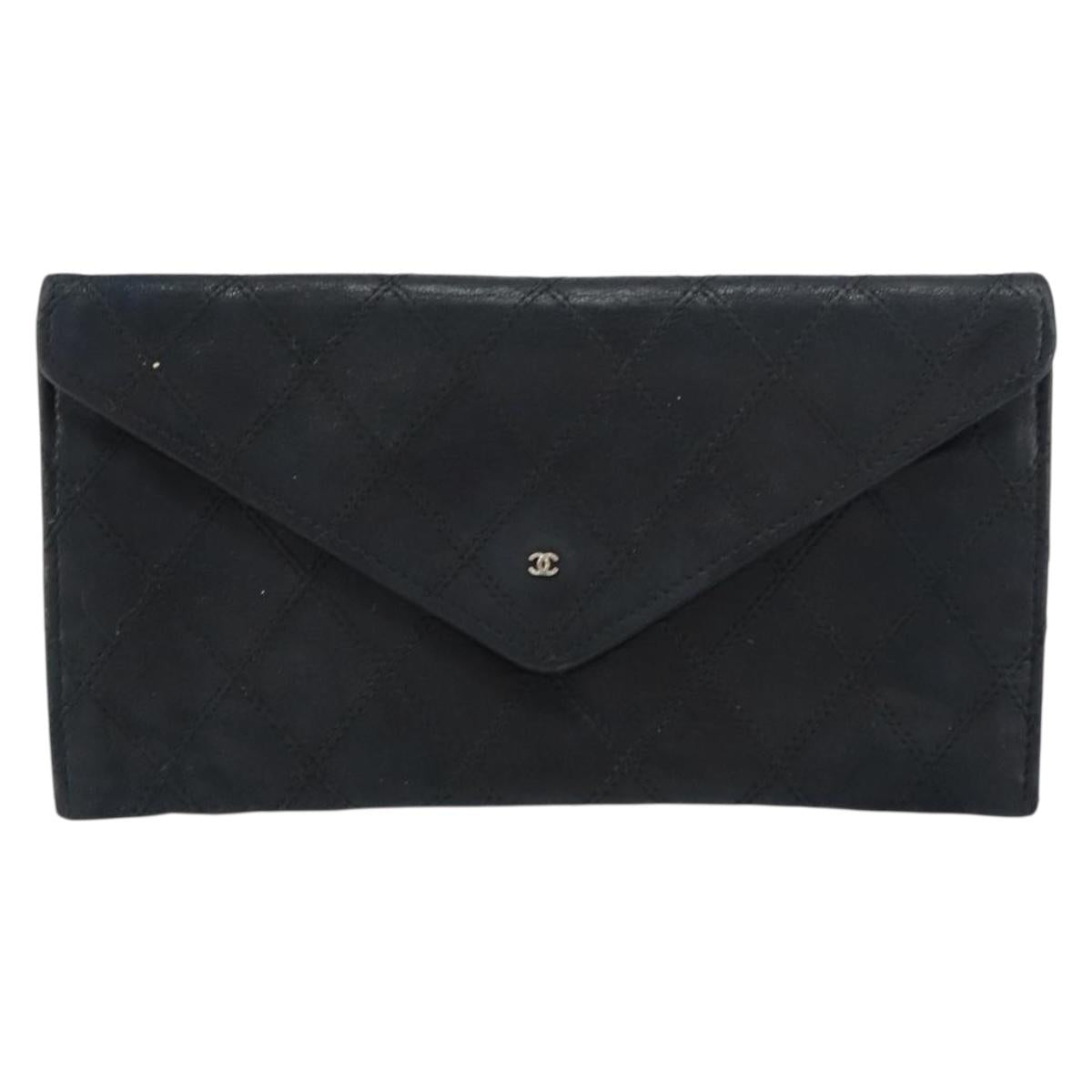 CHANEL Bicolore Long Wallet Lamb Skin Black Silver CC Auth bs31462