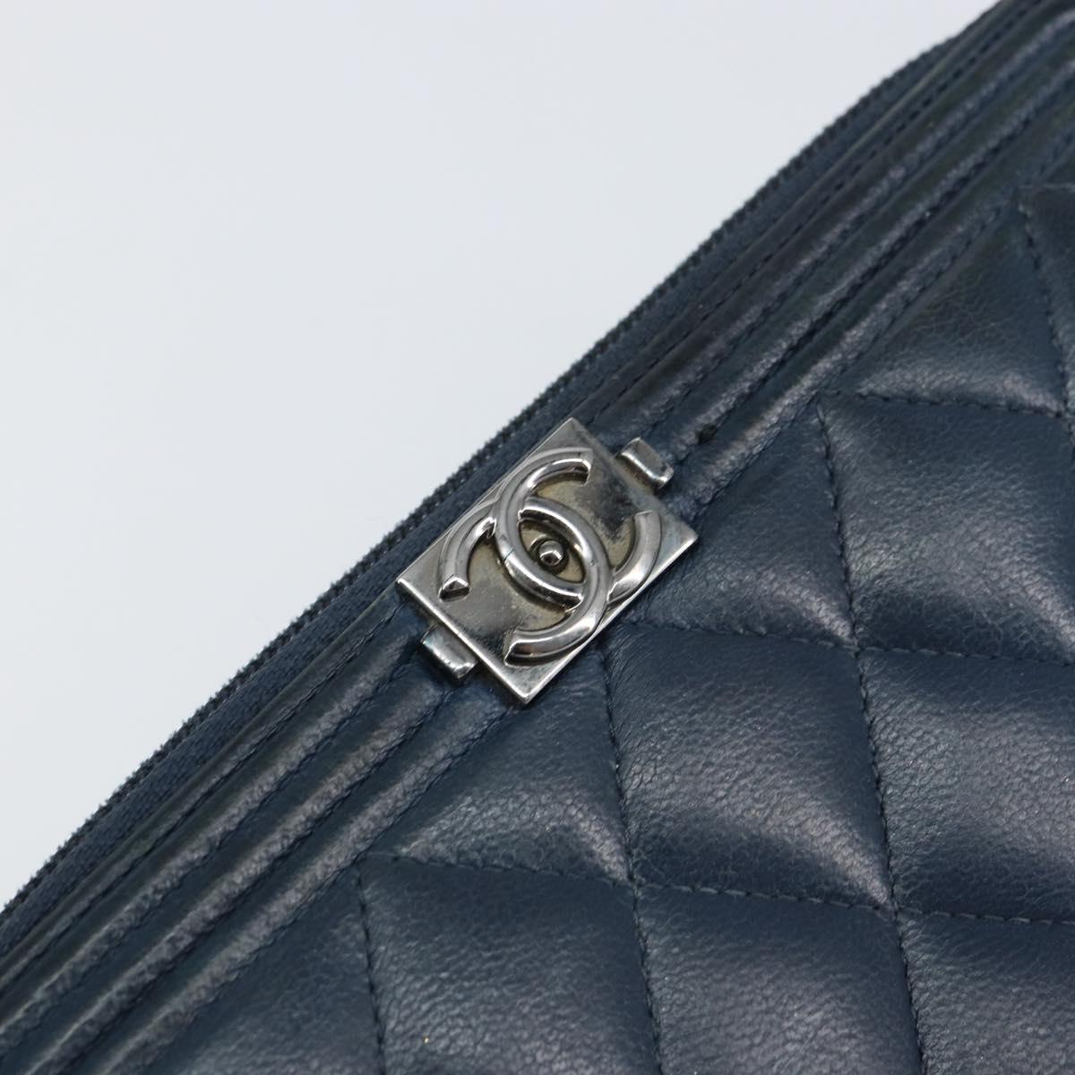CHANEL Boy Chanel Long Wallet Lamb Skin Navy Silver CC Auth bs31466