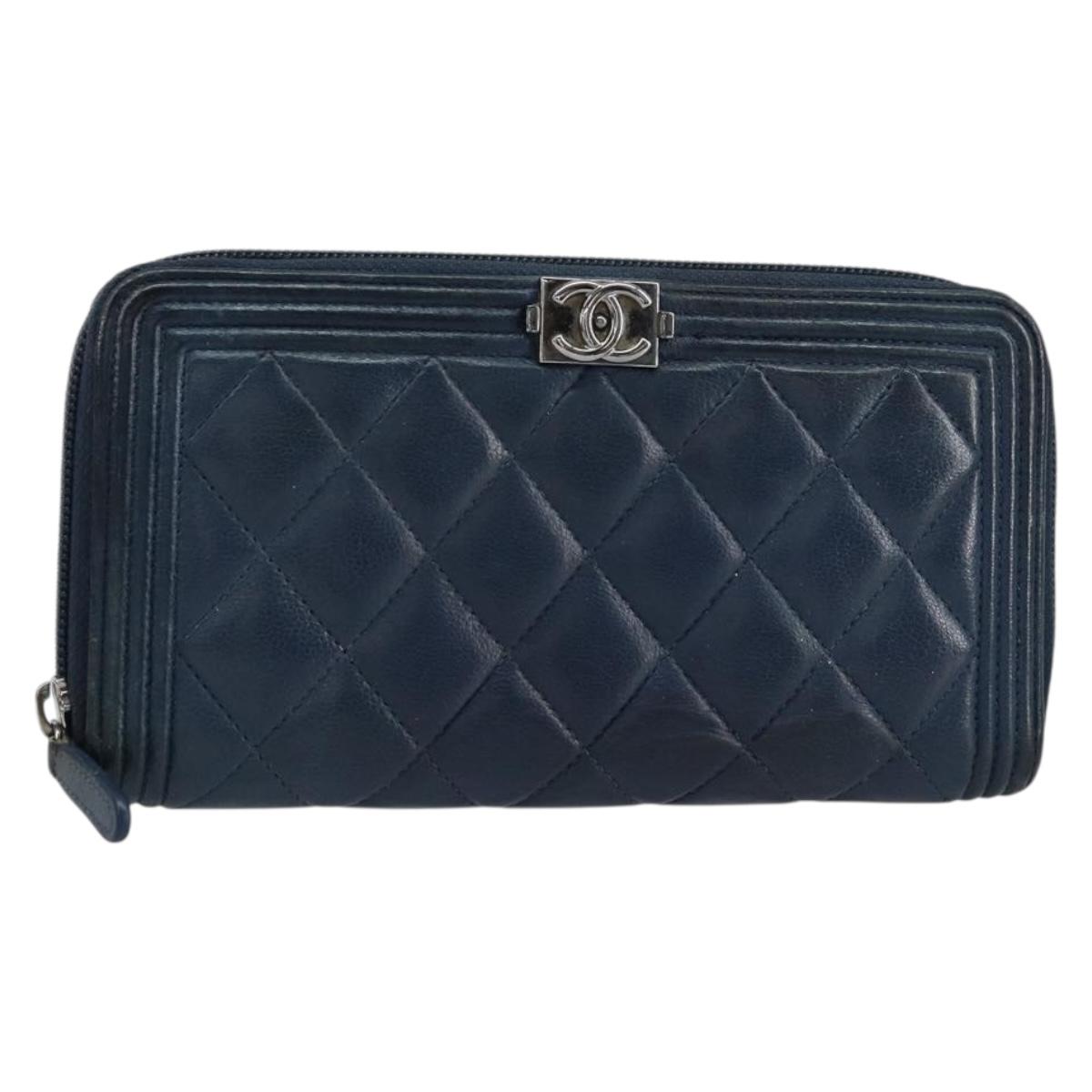 CHANEL Boy Chanel Long Wallet Lamb Skin Navy Silver CC Auth bs31466