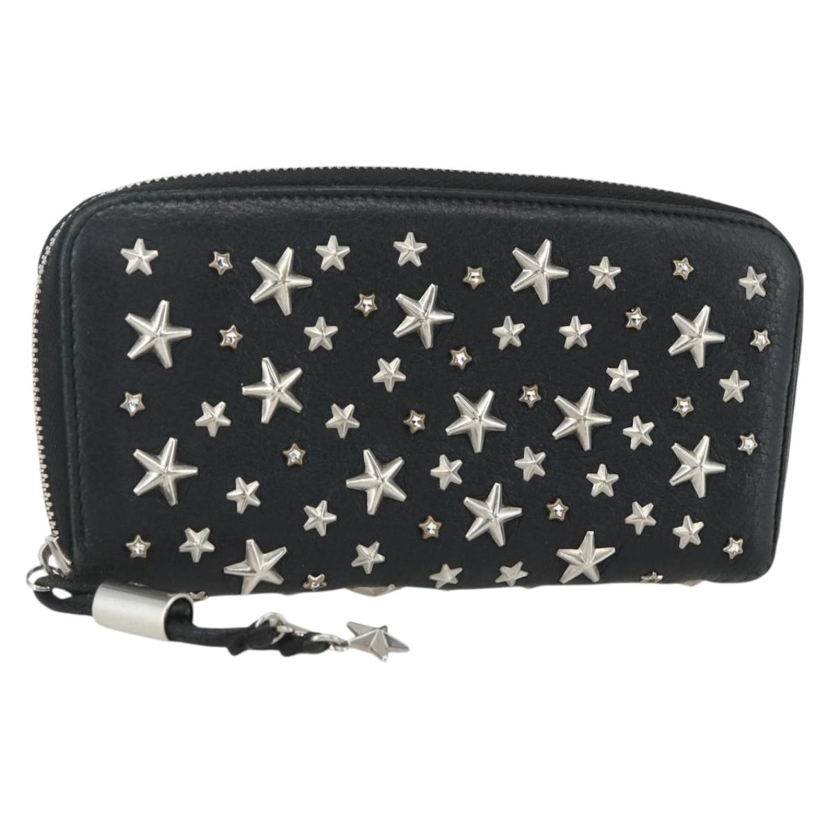 Jimmy Choo Studs Long Wallet Leather Black Silver Auth bs31467